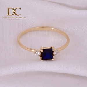 Bague ethnique en or massif 14 carats avec diamant de laboratoire et saphir bleu royal de laboratoire, design élégant, bijoux fins pour femmes, mariage - Product Image 1