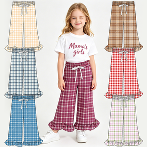 Nuovi <span class=keywords><strong>Pantaloni</strong></span> <span class=keywords><strong>Larghi</strong></span> alla Moda per Bambine con Orlo a Volant, Abbigliamento Casual, Basso MOQ, <span class=keywords><strong>Pantaloni</strong></span> a Quadri e a Righe in Maglia per Bambini - Product Image 1