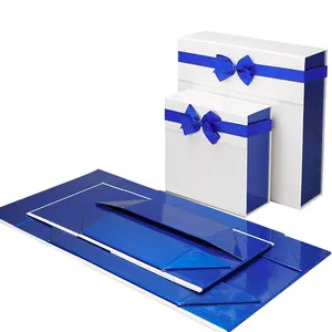 थोक बाउनॉट उपहार बॉक्स सजावटी दाग रेशम रिबन नेवी ब्लू व्हाइट शॉपिंग रीसायकल पेपर फोल्डिंग उपहार बॉक्स