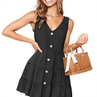 Robe courte décontractée pour femme, unie, lavable, sans manches, col en V, boutonnée, coupe trapèze ample, avec poches, en Rayonne et Spandex
