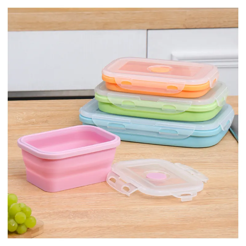 Schlussverkauf 4 Stück rechteckige umweltfreundliche faltbare Lebensmittelbehälter Mikrowellen-faltbare Silikon-Bento-Lunchboxen für Kinder
