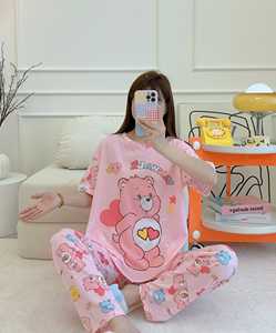 Ensemble de vêtements de nuit d'été deux pièces lisses pour femmes pantalons à manches courtes et vêtements de nuit à col <span class=keywords><strong>pas</strong></span> <span class=keywords><strong>cher</strong></span> <span class=keywords><strong>Homewear</strong></span> avec dessin animé - Product Image 2