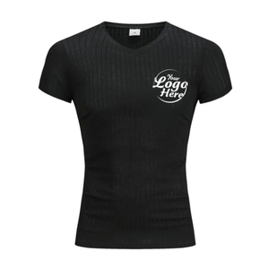 <b>Men's</b> Slim Cotton Sports Top Custom Short Sleeve Fitness T-Shirt with V-Neck and Stripes Printed Fitness Running Gear - Product Image 2