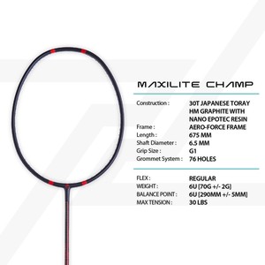 Protech Badminton Maxilite Champ (LITE) 24T Cadre en graphite japonais Toray HM 82g Léger Durable Conception à plumes Parfait - Product Image 6