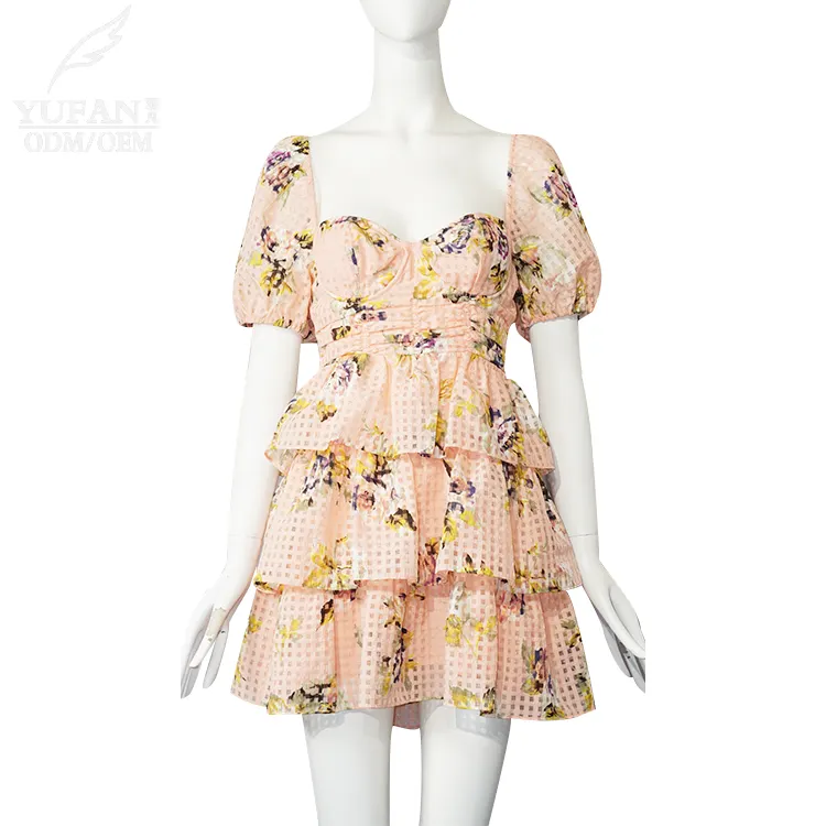 yufan odm فستان قصير صيفي للسيدات بنقشة الزهور كاجوال مصنوع من قماش الجاكار بأكمام منفوشة