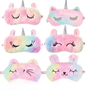 Novelty Soft Plush Furry Rainbow Blindfold Kids students girls Cute pink Animal Sleep Eye Mask With Horn