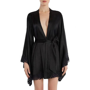 Summer Ladies Luxury 100% Polyester Lace <strong>Bride</strong> Lingerie Pure Kimono Blank Black Satin Women Silk Robes - Product Image 1