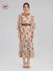 <span class=keywords><strong>Robe</strong></span> Midi <span class=keywords><strong>Femme</strong></span> 2026 Caramel en Dentelle Florale 3D, Col Rond, Manches Cape, Ceinturée, Moulante, pour Soirée Formelle et <span class=keywords><strong>Cocktail</strong></span> - Product Image 1