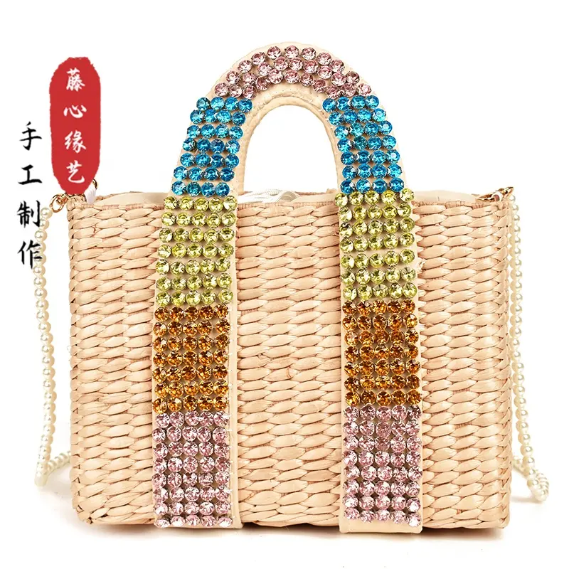 Summer pearl Rainbow Bag Luxury Diamond Handle Women Handbags Handmade Beaded Straw Bags Holiday Beach Messenger Bag