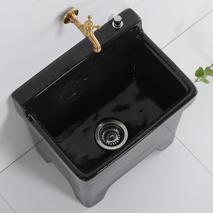 Black Ceramic Floor Standing Sink Rectangular Basin For Bathroom And Balcony With Gold Plated Faucet <b>Mount</b> Single Hole - Product Image 1