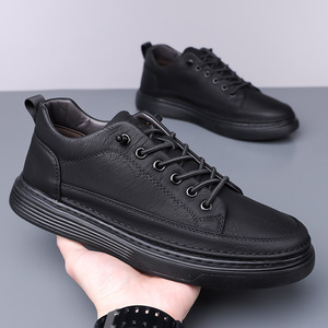Men's Genuine Cow Leather Round Toe Walking <b>Shoes</b> Black <b>Soft</b> Rubber Sole Casual Flat Style - Product Image 2