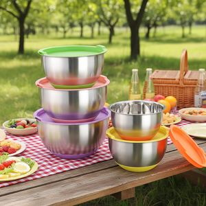 Ensemble de bols à mélanger en acier inoxydable poli européen, bols à salade avec fond en silicone, couvercle anti-poussière, non toxique, durable, bols de service alimentaire - Product Image 3