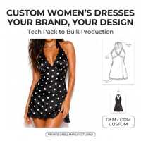 Robe mini moulante personnalisée en satin à pois, col halter plongeant en V, bordure en dentelle et ourlet festonné pour femme, fabricant OEM ODM
