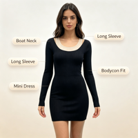 Max Maxi Custom OEM & ODM Robe moulante côtelée noire à manches longues pour femme, tricot de haute qualité, vente en gros