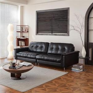 Canapé italien minimaliste en cuir véritable Nebula, ligne droite, style Mid-Century, pour petit espace, en cuir de vachette pleine fleur noir, ensemble de canapés - Product Image 5