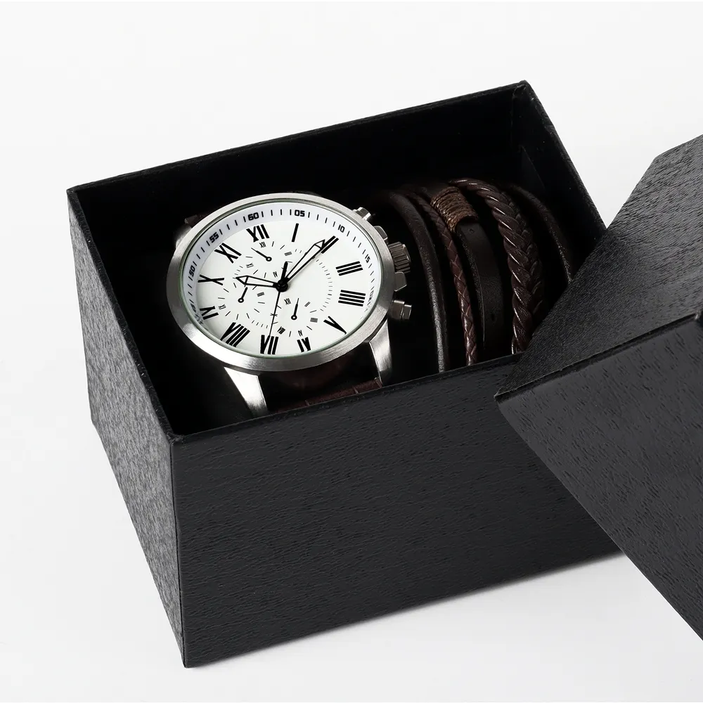 Best Men's Quartz Watch And Bracelet Set Brand Water Resistant Sport Leather Bands Quartz Watch Set