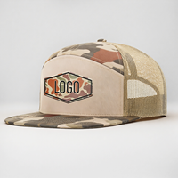 Gorra Trucker de 7 Paneles para Adulto, Estructurada, de Algodón 168, con Parche de Cuero Personalizado con Logotipo, Bordado y Apliques de Camuflaje, Cierre a Presión
