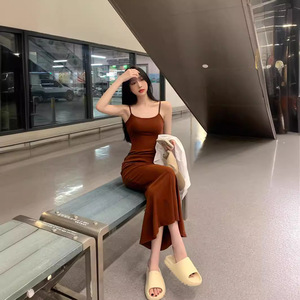Summer Sexy Bodycon Dress Strapless Slit Long Skirt For Women Coffee Color - Product Image 2