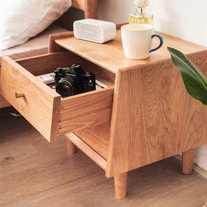 Table de chevet nordique en bois massif, bois de cerisier, avec deux tiroirs de rangement, meubles de chambre à coucher - Product Image 4