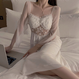 Nuovo <span class=keywords><strong>Pigiama</strong></span> da Donna Lussuoso e Seducente, Dolce Camicia da Notte a Maniche Lunghe con Ricamo e Imbottitura al Petto, Abbigliamento da Casa P3941 - Product Image 2