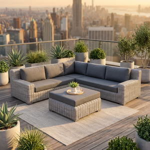 Conjunto de Sofá de Mimbre en Forma de L para Jardín, Resistente al Agua, con Cojines y Otomana, Muebles Seccionales Modernos para Patio, Villa, Resort, Hotel - Product Image 1