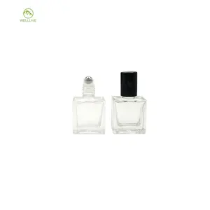 China supplier 10ml 15ml clear rectangular square perfume massage oil glass steel roller ball bottle with black cap