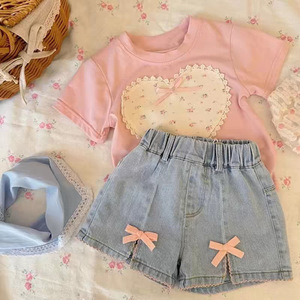 <strong>2025</strong> <strong>Girls</strong> Summer Suit High Quality New Korean <strong>Trend</strong> Bow Pink Short Sleeve Denim Shorts Two-Piece Shirt Set