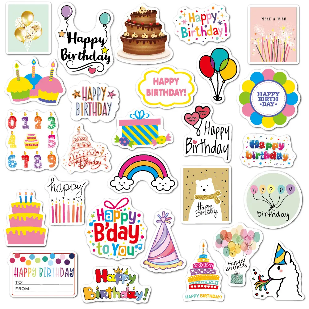 27P Waterproof Happy Birthday Stickers cute pattern cake candle balloon for Kids Party Home Classroom Decoration