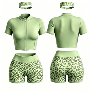 Conjunto de Yoga de 2 Piezas para Mujer, <span class=keywords><strong>Shorts</strong></span> Deportivos con Cierre y Estampado de Leopardo en Colores Contrastantes, Tela Reciclada, Verano 2026 - Product Image 1