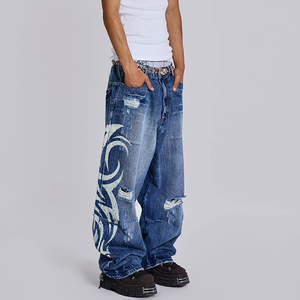 Y2K estilo leve <span class=keywords><strong>Jeans</strong></span> soltos dos homens Custom cintura alta respirável Denim tecido Street Screen Print Design Bordado <span class=keywords><strong>Jeans</strong></span> Baggy