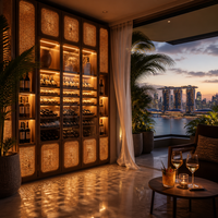 Armoire à vin sur mesure pour salle à manger, avec rangement intégré du sol au plafond, porte en verre et éclairage LED