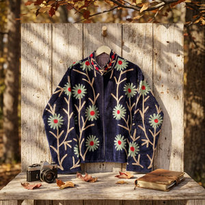 Chaqueta Bomber de Mujer, Color Azul Marino, Tejido de Terciopelo, Cuello Mao, Bordado Floral, Transpirable, Exterior de Algodón, Forro de Lana - Product Image 4