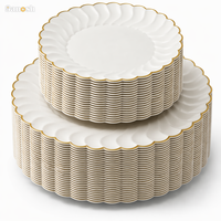 SANOSH Assiettes jetables en carton ondulé ivoire avec bord doré, assiettes à dîner de 10 pouces, assiettes à dessert de 7 pouces, pour fêtes et mariages