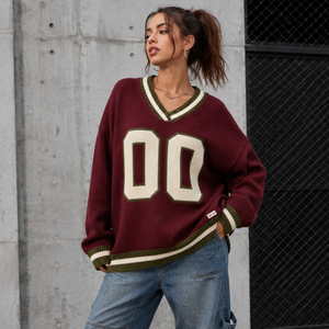 Pull personnalisé pour femme en jersey 100% coton rayé, col en V, avec nom et numéro d'équipe, pull sportif - Product Image 1
