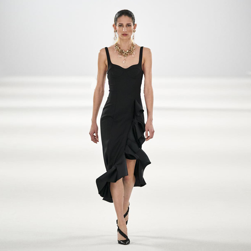 YY1640 Women's Black Maxi Club Dress with Ruffles Spaghetti Strap & Zipper  Decorations Solid Silhouette Sweet Style for Parties| Alibaba.com