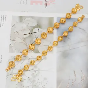 JXX JSL-374-12N Expandable Hollow Metal Brass Beads Gold Ball Bracelet Bangle