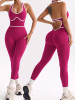 Combinaison de yoga et de sport pour femme, style euro-américain, à couleurs contrastées, dos ajouré, taille haute et effet push-up fessier