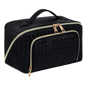 Bolsa de cosméticos trenzada de cuero resistente al agua, cierre de cremallera, tejido portátil, viaje de cuero para neceser, estuche de maquillaje plano - Product Image 1