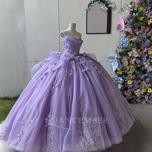Vestido de Quinceañera, Vestido de Fiesta de Cumpleaños, Vestido de Ceremonia para Niñas y Adultas, Cuello Corazón, Apliques de Encaje, Color Morado Claro Natural, LSMC60 - Product Image 4
