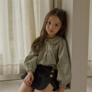 Camicetta Autunnale per Ragazze in Stile Coreano con Colletto Decorato in Pizzo, Tinta Unita, Cotone, Vestibilità Comoda, Maniche Lunghe - Product Image 1
