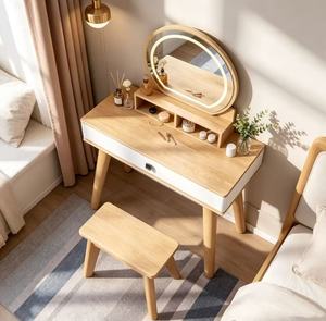 Scandinavian Solid Birch Makeup <b>Vanity</b> With <b>Lighted</b> Mirror And Stool For Bedroom - Product Image 3