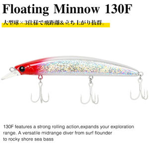 TSURINOYA 130F Leurre de pêche flottant Minnow de grande taille 130mm 23g TWINKLE DW111 Longue portée pour la pêche au bar et au flétan, appât artificiel dur - Product Image 6
