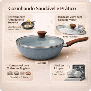 Wok en céramique antiadhésif 28 cm avec couvercle en verre et poignées en bois pour cuisinières à gaz et à induction - Product Image 2