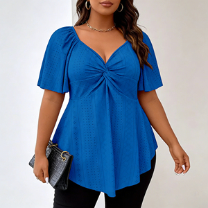 Blusa de Manga Acampanada con Cuello en V y Detalle de Ojal en la Parte Delantera, Talla Grande, Color Azul Rey, Spandex/Poliéster, Estilo Dulce, Transpirable, Nueva Colección 2026 - Product Image 1