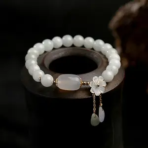 Handmade 14k Gold Plated Jade Bracelet Natural Stone Jewelry Women Luxury Shell Flower Bracelet (MB18356)