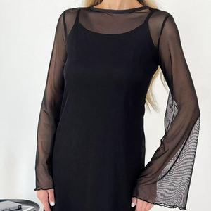 QINSI personnalisé Offre Spéciale col rond mode <span class=keywords><strong>nuisette</strong></span> Sexy décontracté femmes noir deux pièces robe à manches longues chemise de nuit pour les femmes - Product Image 3