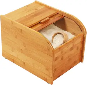 Wooden Rice Container Storage 5-15KG, Sealed Kitchen Food Container Cereal,Roller Blind Sliding Doors, for Rice