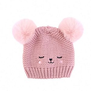 Wholesale Custom Cute Winter Double Pom Beanie Hat 0-5 Year Girl Warm Knitted Fleece Lining Slouchy Boy Acrylic Adjustable <b>3</b> - Product Image 5