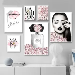 Fleur rose parfum mode dame affiche lèvres argentées maquillage impression toile Art peinture murale image moderne fille chambre décor de maison