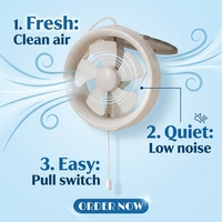 Ventilateur d'extraction compact blanc rond de 6 pouces, alimenté par courant alternatif, faible bruit (50 dB), avec interrupteur à cordon pour installation dans une salle de bain, une cuisine ou une fenêtre